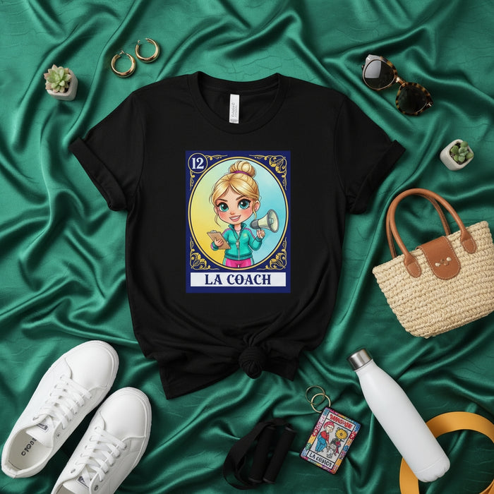 LA COACH La Loteria Card T-Shirt Cute Blonde Female Coach with Megaphone Mexican Bingo Game Inspired Unisex Tee Gift for Sports Mentors and Motivational Speakers