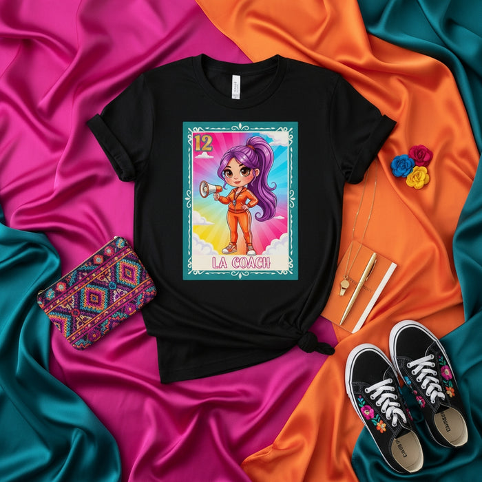 LA COACH Latina Coach Loteria Card T-Shirt, Mexican Bingo Game Inspired Funny Sports Coach Gift Tee, Cute Cartoon Design Unisex Shirt, Purple Hair Megaphone Fitness Trainer Outfit
