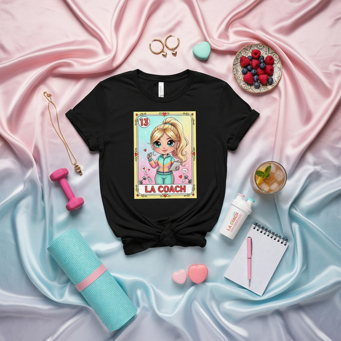 LA COACH Fitness Trainer Loteria Card T-Shirt Cute Blonde Workout Gym Tee for Women and Men Unisex Gift Idea