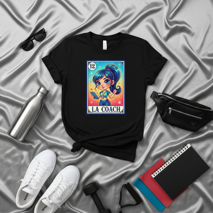 LA COACH Loteria Card T-Shirt, Cute Fitness Coach Gym Workout Unisex Tee, Funny Mexican Bingo Game Inspired Shirt for Trainers and Athletes