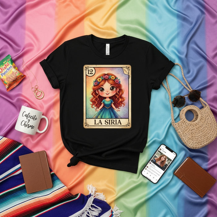 LA SIRIA Cute Chibi Girl Loteria Card T-Shirt Unisex Mexican Bingo Game Design Graphic Tee Rainbow Floral Crown