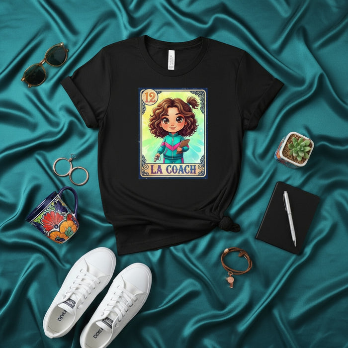 LA COACH Loteria Card T-Shirt, Cute Curly Hair Woman Soccer Coach Design, Unique Mexican Bingo Style Shirt, Unisex Gift for Sports Trainer