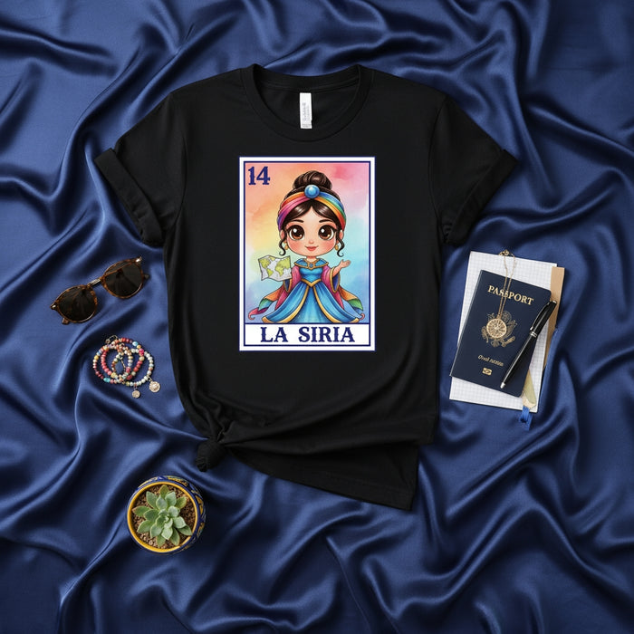 LA SIRIA Lotería Card T-Shirt, Arabic Syrian Girl Art Graphic Tee, Traditional Mexican Bingo Game Design, Unisex Clothing Gift