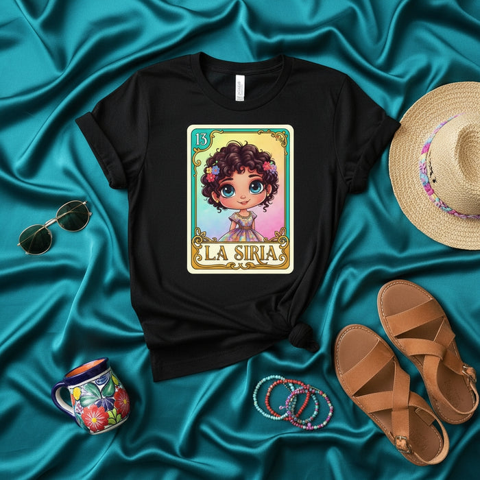 LA SIRIA Cute Chibi Girl Loteria Card 13 Unisex T-Shirt, Mexican Bingo Game Inspired, Boho Style Graphic Tee Gift for Women, Short Sleeve Black Shirt with Traditional Art