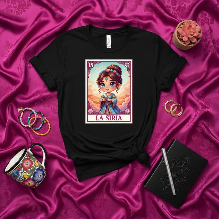 LA SIRIA Cute Chibi Girl Loteria Card T-Shirt Unisex Mexican Bingo Game Design Apparel Traditional Art Inspired Tee for Women and Men