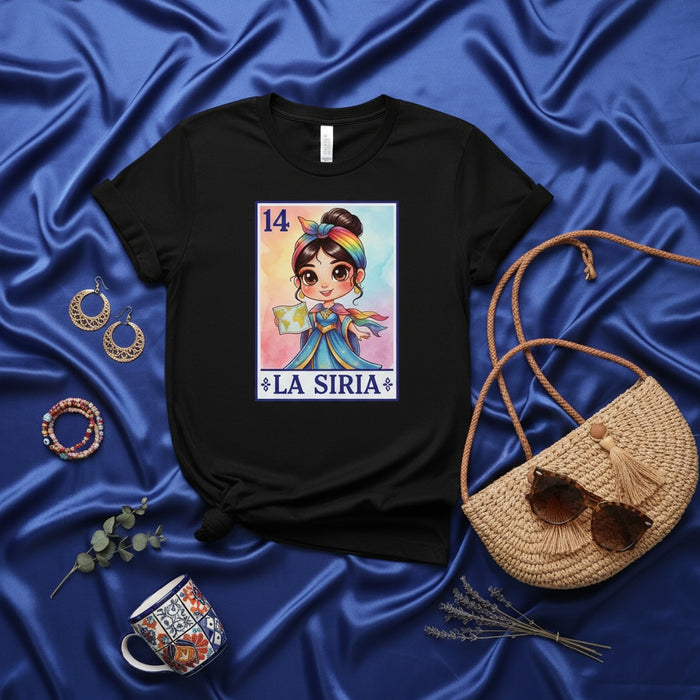 LA SIRIA Loteria Card T-Shirt, Cute Cartoon Girl with Map and Rainbow Scarf Graphic Tee, Unisex Syrian Heritage Pride Shirt, Number 14 Design