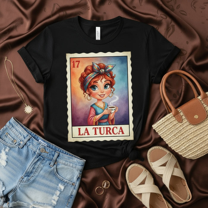 LA TURCA Lotería Card 17 T-Shirt, Cute Redhead Woman with Headband Drinking Coffee, Mexican Bingo Game Inspired Unisex Graphic Tee Shirt Gift
