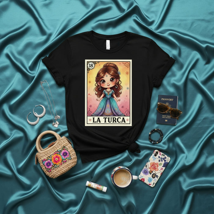 LA TURCA Cute Chibi Girl Loteria Card T-Shirt Unisex Mexican Bingo Game Design Apparel, Vibrant Art Print, Unique Cultural Gift Idea, Graphic Tee for Women