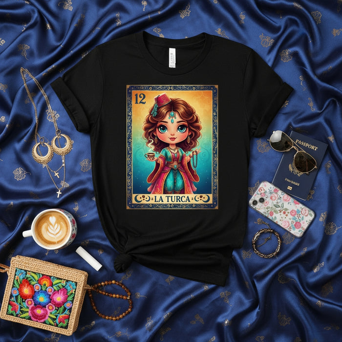 LA TURCA Loteria Card T-Shirt, Cute Cartoon Girl with Fez and Coffee, Mexican Bingo Game Art, Unisex Graphic Tee Gift