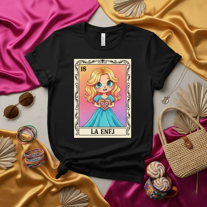 LA ENFJ Lotería Card T-Shirt, Cute Blonde Girl in Blue Dress Holding Heart, Kawaii Art Design Unisex Tee, ENFJ Personality Merch Gift for Myers-Briggs Enthusiasts