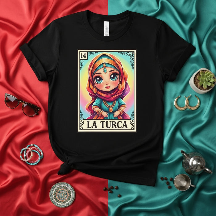 LA TURCA Cute Chibi Girl Loteria Card T-Shirt Unisex Mexican Bingo Game Style Graphic Tee Gift for Her