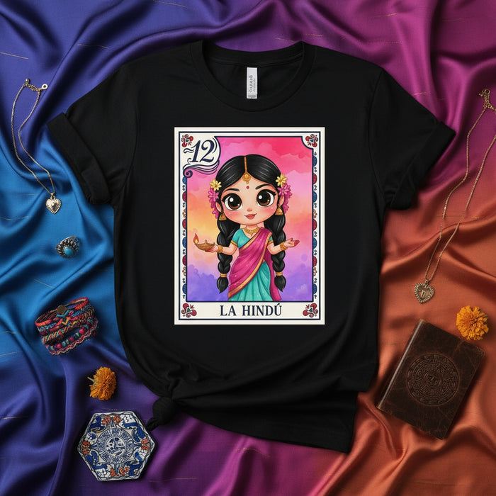 LA HINDÚ Cute Chibi Indian Girl Loteria Card T-Shirt, Mexican Bingo Game Inspired Apparel, Hindu Goddess Style Design Top, Number 12 Traditional Cultural Gift Tee