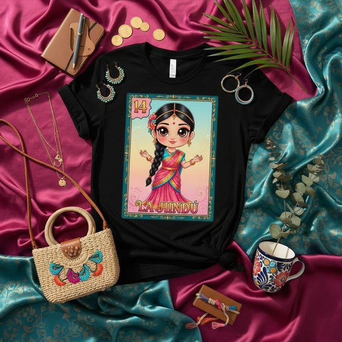 LA HINDÚ Loteria Card 14 T-Shirt, Cute Chibi Indian Woman Sari Design, Traditional Mexican Game Style Unisex Graphic Tee, South Asian Culture Gift