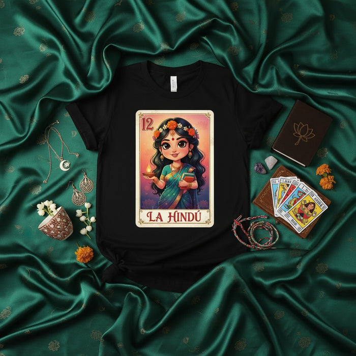 La Hindú Cute Hindu Goddess Loteria Card T-Shirt Indian Culture Spiritual Tarot Game Tee Shirt Gift for Women Ethnic Theme Graphic Top Number 12