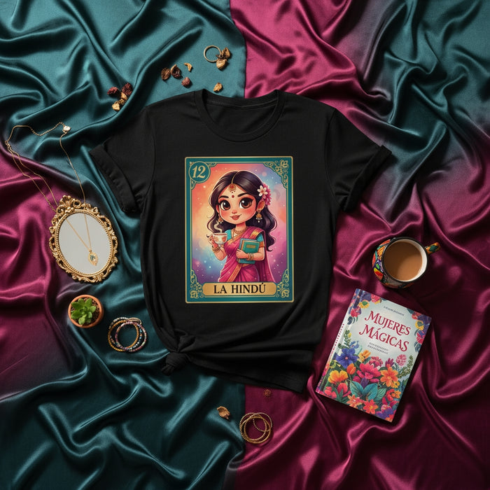 LA HINDÚ Loteria Card T-Shirt, Cute Kawaii Goddess Tee, Mexican Bingo Inspired Design, Mystical Magic Woman Shirt, Unisex Spiritual Apparel Gift