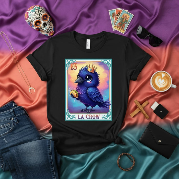 LA CROW Cute Blue Crow with Crown Taco Lotería Card 13 Unisex T-Shirt - Day of the Dead Sugar Skull Aesthetic Shirt Design