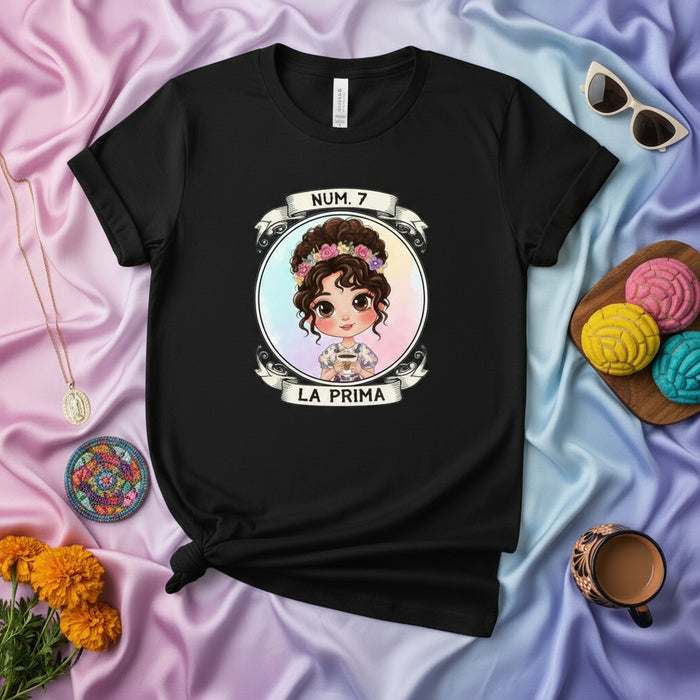 LA PRIMA Loteria Card T-Shirt, Cute Cartoon Cousin Girl with Flower Crown and Coffee, Mexican Bingo Game Shirt, Unisex Family Matching Tee, Num. 7 Design Gift