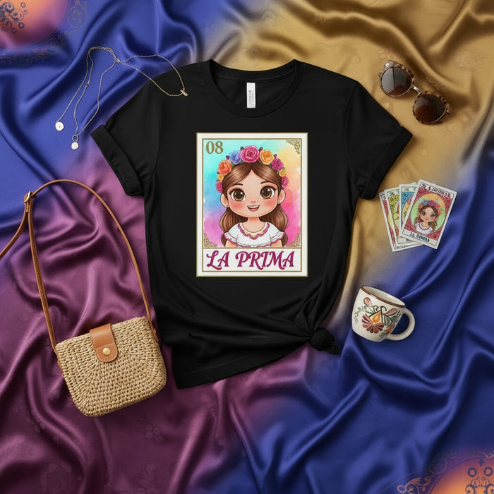 LA PRIMA Cute Mexican Loteria Card T-Shirt, Women's Floral Crown Graphic Tee, La Sirena Style Cousin Gift Top, Numero 08 Traditional Game Design, Unisex Black Shirt