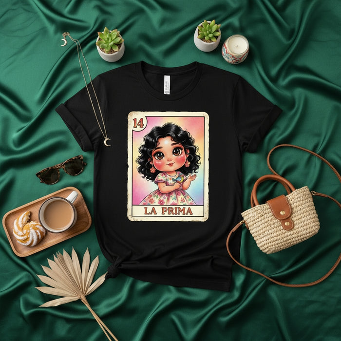 LA PRIMA Cute Chibi Girl Loteria Card Design Unisex T-Shirt, Mexican Bingo Game The Cousin Graphic Tee, Latin Culture Apparel Gift, Number 14