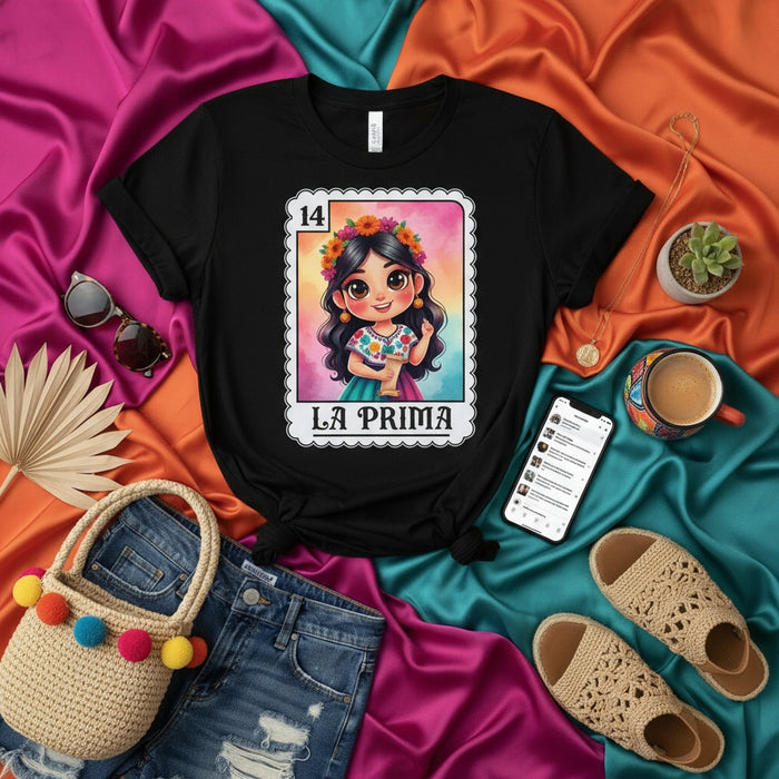 LA PRIMA Loteria Card T-Shirt, Cute Mexican Cousin Gift, Latina Girl Floral Crown Graphic Tee, Fiesta Birthday Family Matching Shirt, Number 14