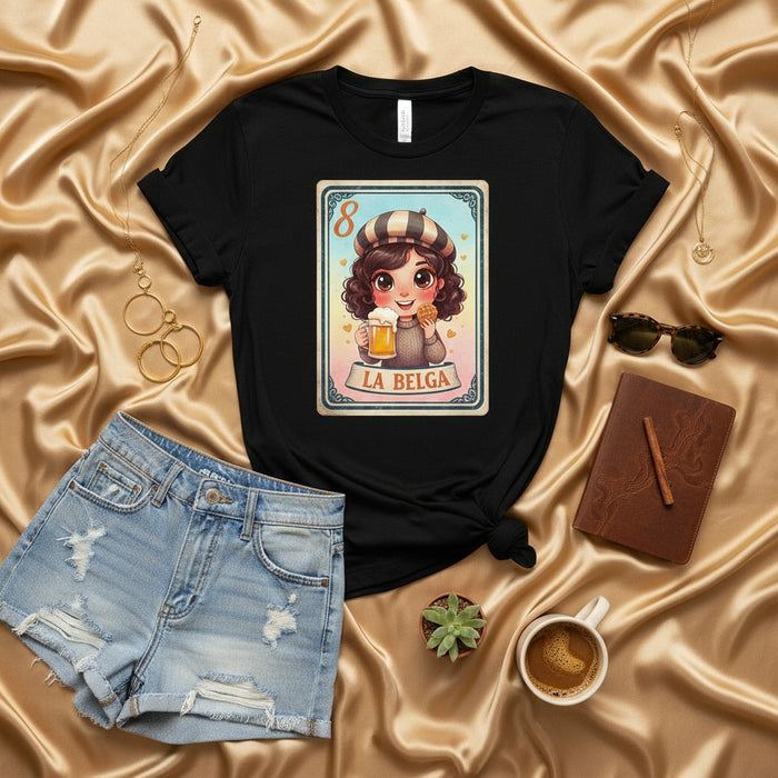 LA BELGA Lotería Card T-Shirt: Belgian Girl with Beer and Cookie Graphic Tee, Cute Latinx Bingo Game Art Shirt, Unisex Black Top with Distressed Style Design