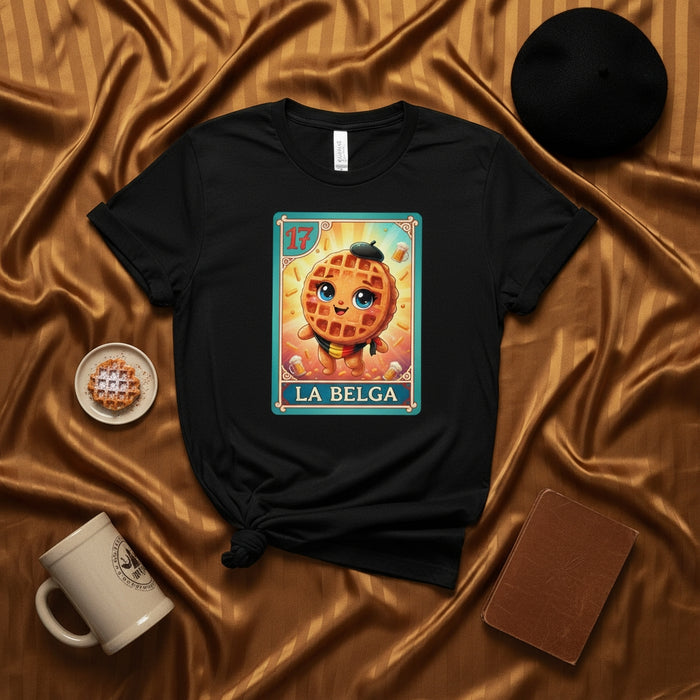 La Belga Waffle Loteria Card T-Shirt: Cute Cartoon Mexican Bingo Game Art Tee, Unisex Food Pun Graphic Shirt, Number 17 Kawaii Design, Unique Gift for Waffle Lovers & Spanish Culture Fans