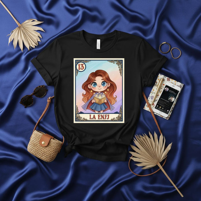 LA ENFJ Loteria Card T-Shirt, Cute Cartoon Myer-Briggs Personality Type Graphic Tee, Women's Novelty Gift Top, Unisex Character 13 Design