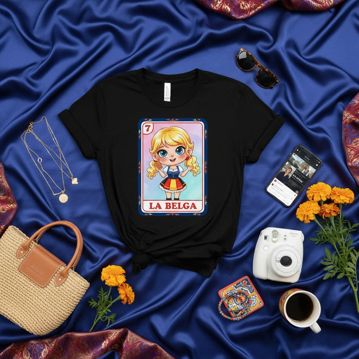 LA BELGA Loteria Card T-Shirt Cute Blonde Girl Drawing Mexican Bingo Game Tee Unisex Short Sleeve Top Gift for Women and Teens