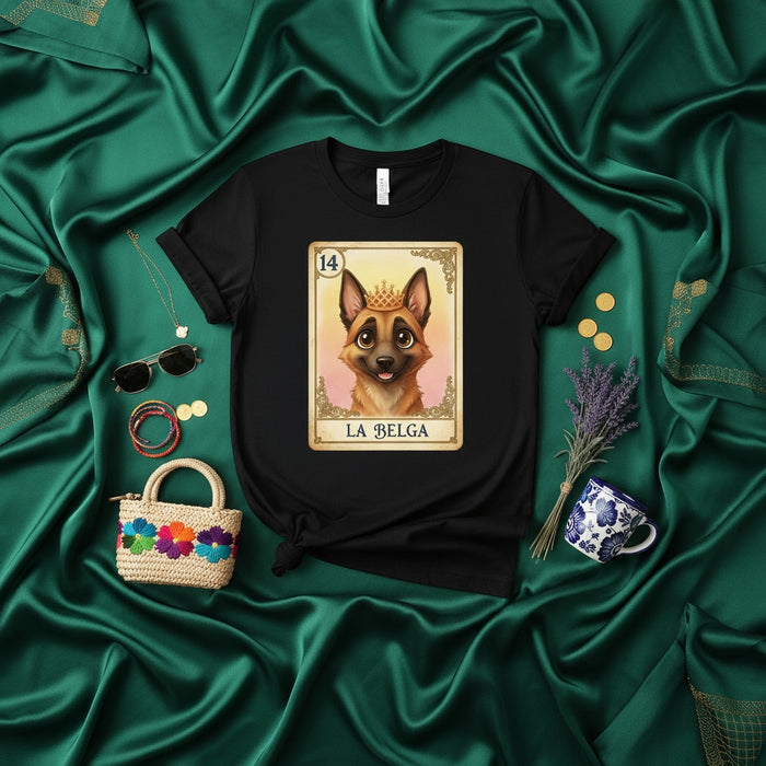 LA BELGA Malinois Dog Lotería Card T-Shirt Unisex Graphic Tee Canine Art Gift for Belgian Shepherd Lovers