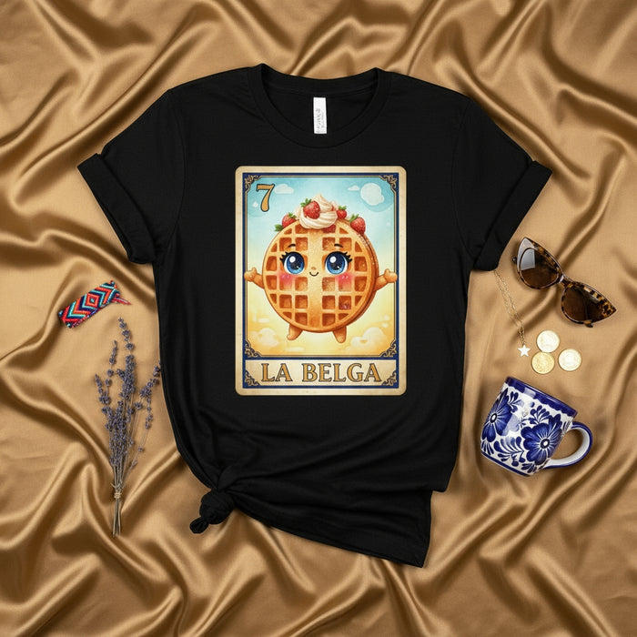 LA BELGA Cute Belgian Waffle La Lotería Card T-Shirt, Funny Food Character Graphic Tee, Unisex Mexico Bingo Game Style Shirt, Number 7 The Waffle Design