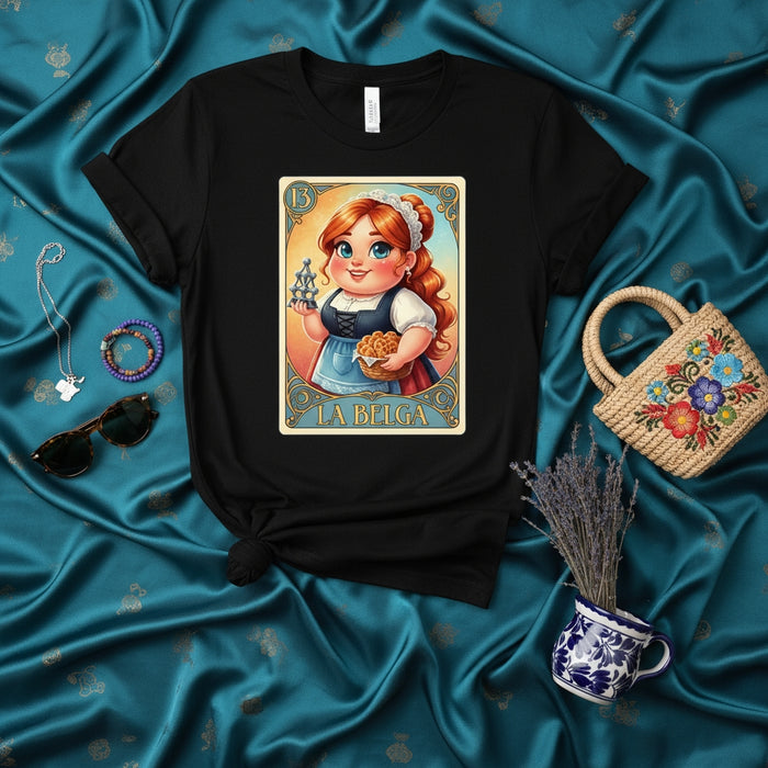 LA BELGA Loteria Card T-Shirt, Cute Cartoon Redhead Woman Holding Waffles and Atomium, Unisex Black Graphic Tee Shirt Design for Belgian Culture Fans and Food Lovers