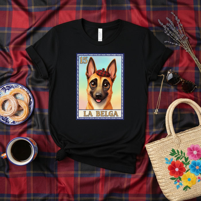 LA BELGA Loteria Card T-Shirt, Cute Belgian Malinois Dog in Beret Graphic Tee, Unisex Funny Animal Portrait Design, Mexican Game Art Shirt Gift