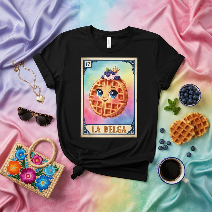 LA BELGA Waffle Loteria Card T-Shirt Cute Belgian Waffle Graphic Tee Foodie Mexican Game Shirt for Women Men Unisex Black Tee