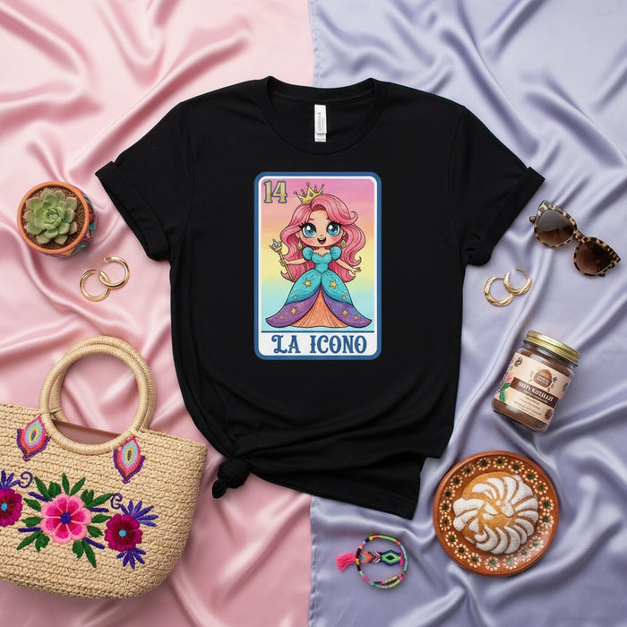 La Icono Cute Kawaii Chibi Princess Loteria Card Art T-Shirt - Funny Mexican Bingo Game Inspired Tee for Women and Girls, Latina Style Gift, Number 14 Design Top, Unofficial Lotería Fashion
