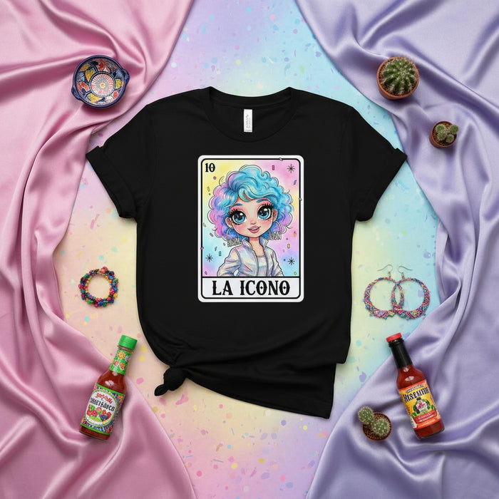 LA ICONO Unisex T-Shirt with Pastel Curly Hair Girl Loteria Card Design, Black Graphic Tee, Latina Inspired Clothing, Cute Aesthetic Top, Mexican Bingo Style Gift