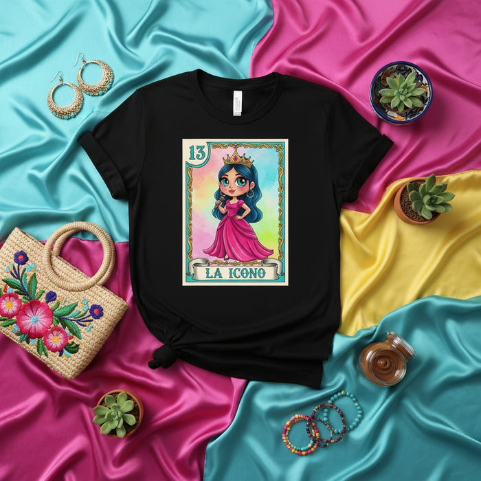 LA ICONO Lotería Card T-Shirt, Queen Princess Character Graphic Tee, Hispanic Culture Mexican Bingo Game Themed Apparel, Cute Cartoon Design Unisex Shirt