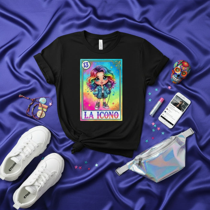 LA ICONO Colorful Loteria Card T-Shirt, Rainbow Hair Girl Graphic Tee, Mexican Bingo Game Art, Unisex Style Apparel Gift