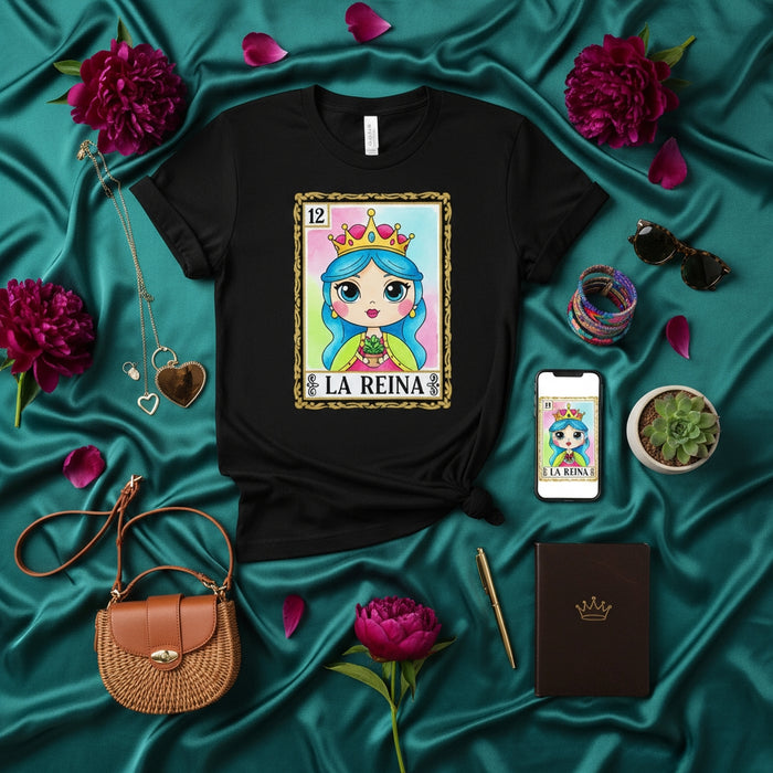 LA REINA Cute Cartoon La Loteria Card Queen T-Shirt, Mexican Bingo Game Day Tee, Unique Women's Crown Graphic Shirt, Hispanic Culture Gift Idea
