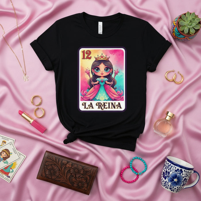 La Reina Linda Princesa Lotería Camiseta | Número 12 Juego de Bingo Mexicano Gráfico | Regalo de Ropa Novedosa Unisex Divertida