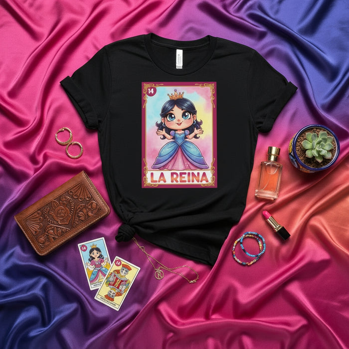 LA REINA Cute Chibi Princess Loteria Card T-Shirt, Mexican Bingo Game Illustration Graphic Tee, Women's Novelty Gift Shirt, Number 14 Design