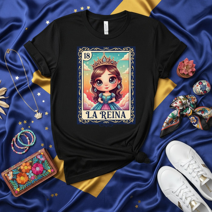 La Reina Camiseta Lotería Chibi Princesa Linda, Camiseta Día de Juego Bingo Mexicano, Camisa Disfraz Arte Popular Día de Muertos, Número 18 Top Gráfico Reina Real