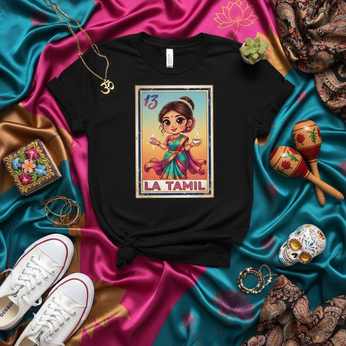 LA TAMIL Loteria Card T-Shirt, Cute Cartoon Tamil Girl Design, Unisex Graphic Tee, Mexican Bingo Inspired Shirt, South Asian Culture Gift, Number 13
