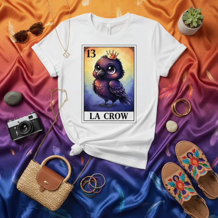 LA CROW Cute Crowned Bird Loteria Card T-Shirt, Unisex Funny Mexican Bingo Style Graphic Tee, Trendy Spiritual Raven Crow Core Apparel Gift