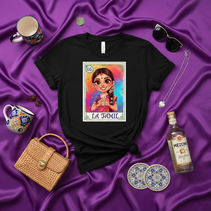 LA TAMIL Unisex T-Shirt, Mexican Loteria Card Style Tee, South Indian Tamil Woman Art, Cultural Festival Gift Shirt
