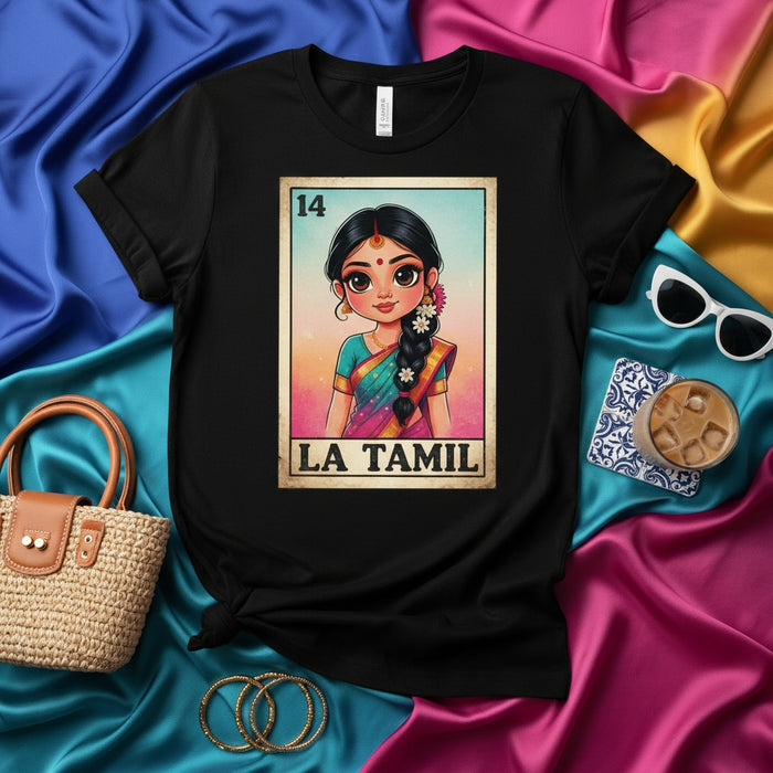 LA TAMIL Lotería Card T-Shirt, Cute Cartoon Girl in Saree Design, Mexican Bingo Style Graphic Tee, Tamil Pride Gift, Unisex Black Shirt with Number 14