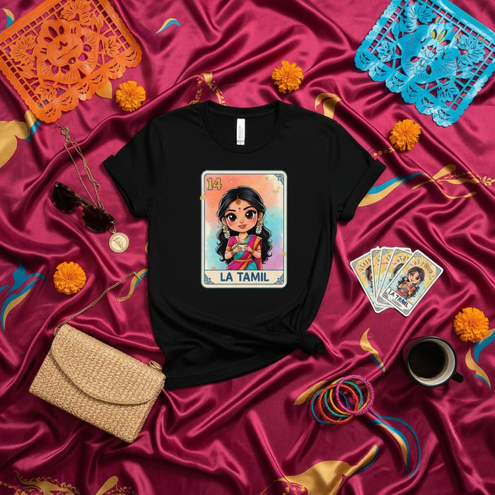 LA TAMIL Loteria Card T-Shirt: Cute Tamil Girl Graphic Tee, Unisex Diwali Festival Culture Shirt, Black Short Sleeve Gift Idea for Her, Number 14 Design