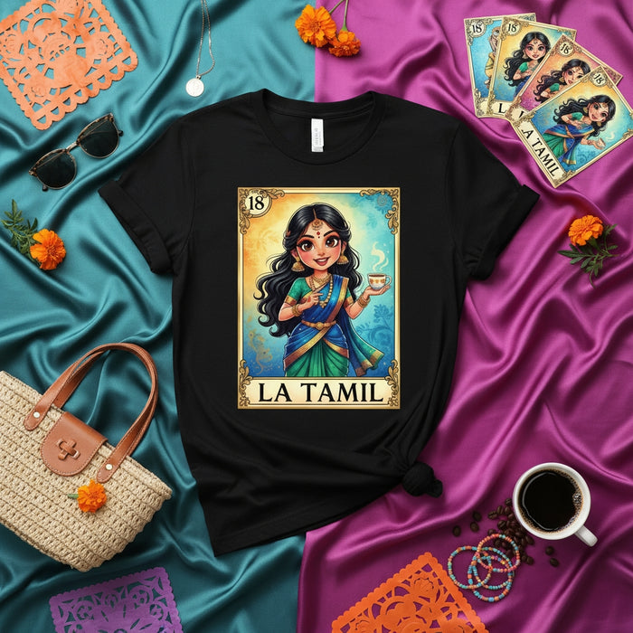 LA TAMIL Lotería Card T-Shirt, Unisex Black Tee with Cute Cartoon South Indian Woman in Saree, Tamil Heritage Gift, Game Night Fashion Apparel