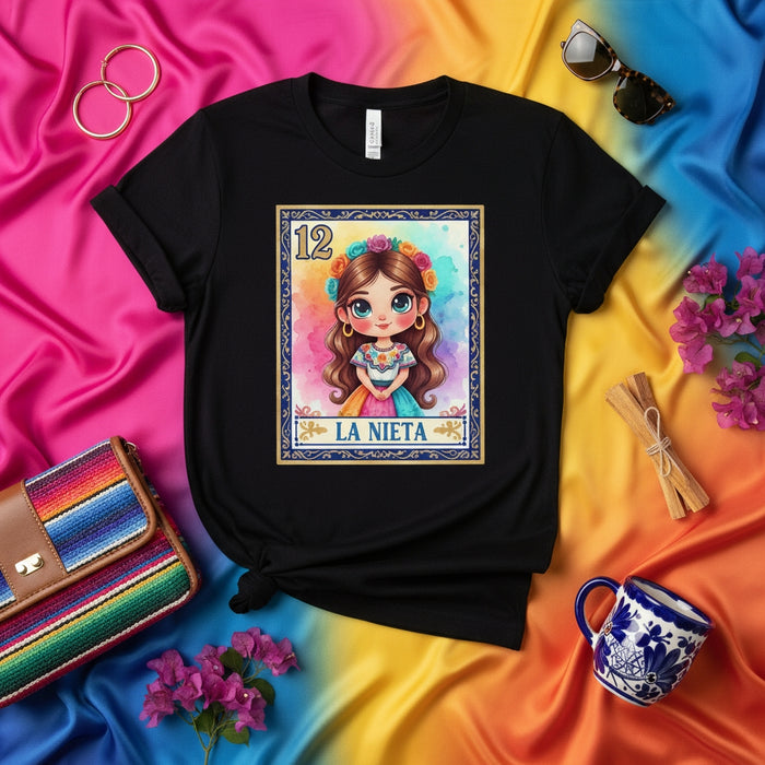 LA NIETA Loteria Card T-Shirt Cute Granddaughter Floral Crown Mexican Bingo Game Day Tee Unisex Gift for Her