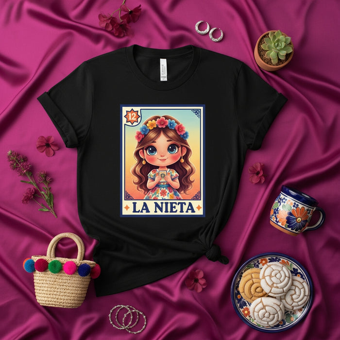 LA NIETA Mexican Loteria Card T-Shirt, Cute Granddaughter Tee, La Sirena Style Floral Crown Girl, Spanish Bingo Game Art, Day of the Dead Gift, Latina Apparel