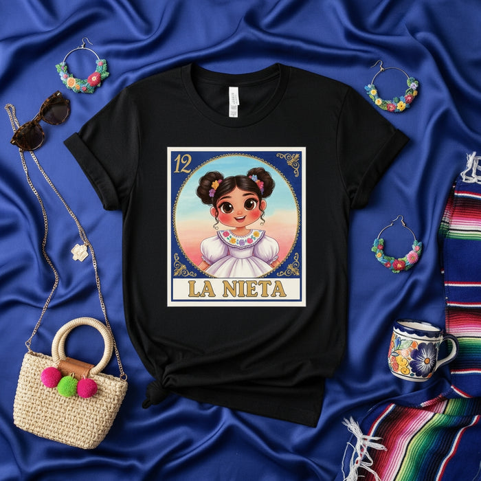 LA NIETA Cute Girl Mexican Loteria Card Graphic T-Shirt, Unisex Black Tee with Traditional Fiesta Flowers and Cultural Art Design, Spanish Granddaughter Image for Family Gifts